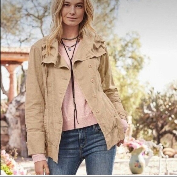 Sundance Every Angle Linen Blend Jacket Tan Petite Large Dramatic Collar Buttons - Picture 1 of 15